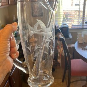 Vintage MCM martini pitcher and stir stick. Etched geese and leaves like new
